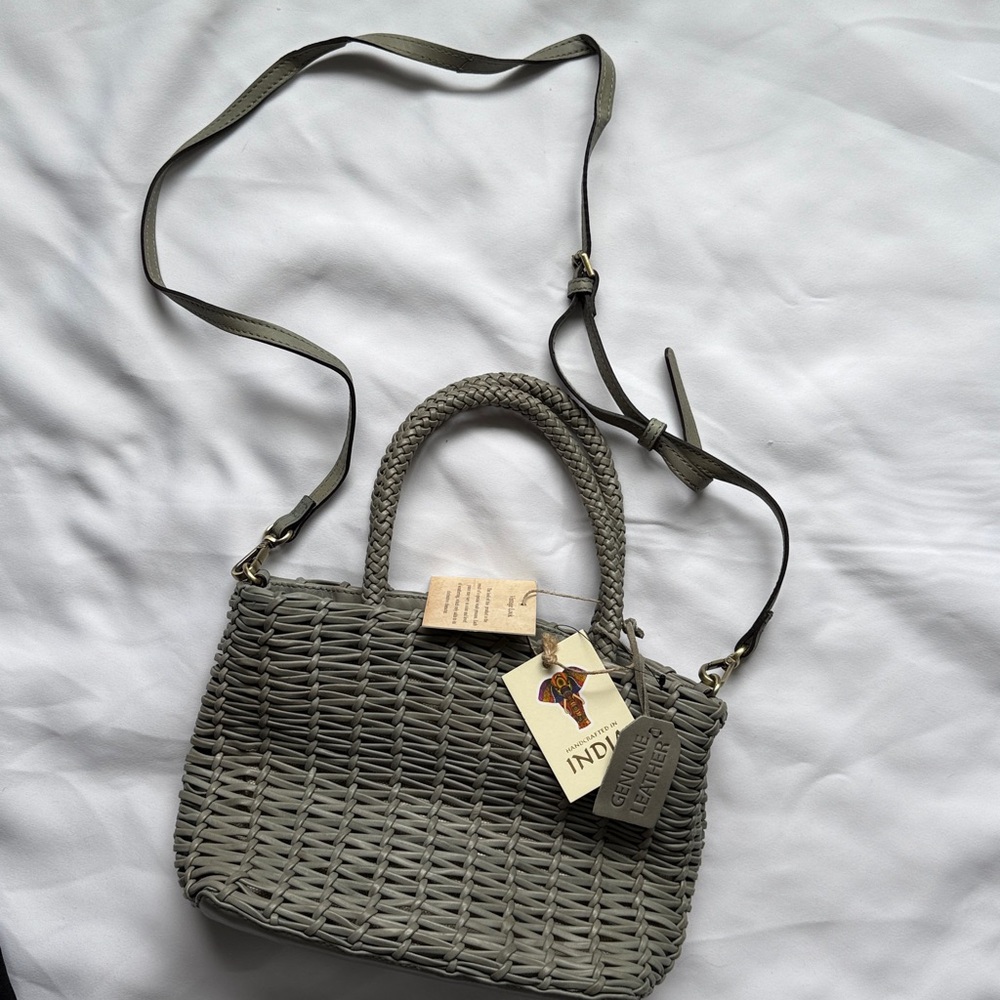 Sage Green Gray Leather Woven Handbag  Adjustable Crossbody